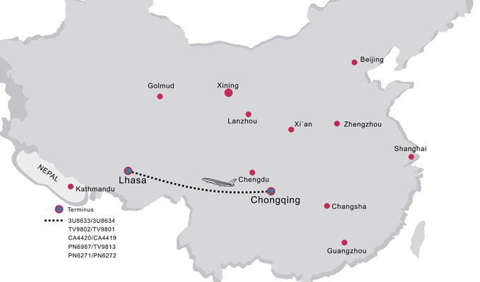 Chongqing Lhasa Flight Route Map