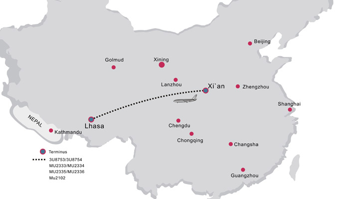Xian Lhasa Flight Route Map