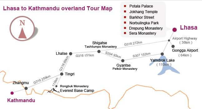 Lhasa to Kathmandu overland Tour Map